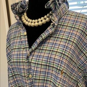 Plaid Button-Up Shirt with Embroidered Pony - Blue & Green